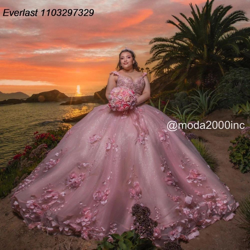 فستان Quinceanera وردي مخصص من EVLAST فستان حفلة بدون أكتاف ثلاثي الأبعاد مزين بالزهور مطرز حلو 16 فيستدو دي 15 أنوس TQD938