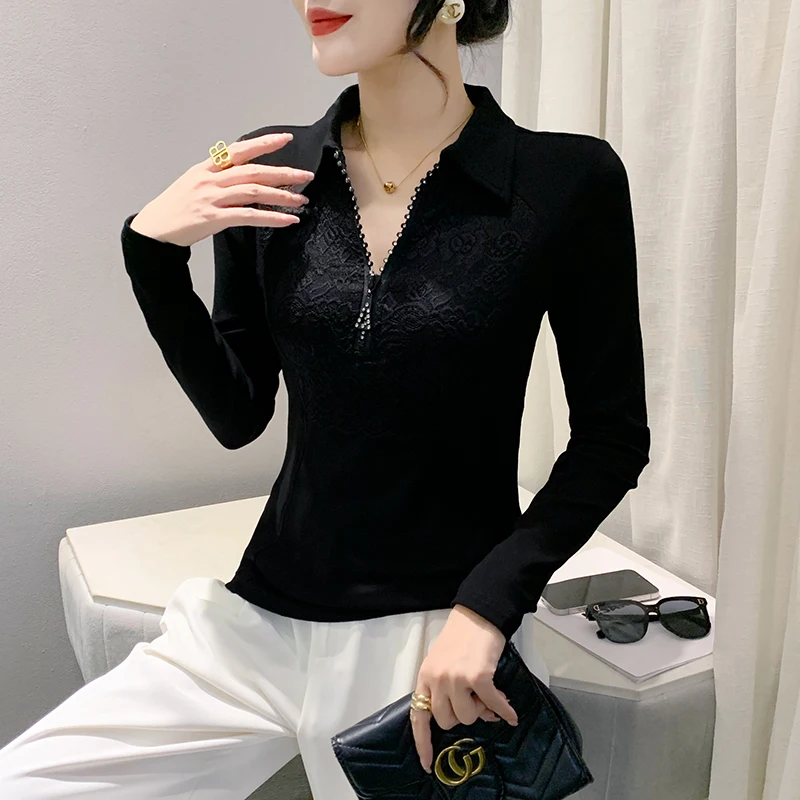 MadBlack European Clothes Tshirt Women Turn Down Collar Lace Zipper Slim Cotton Top Long Sleeve Tees Autumn Winter T39754JM