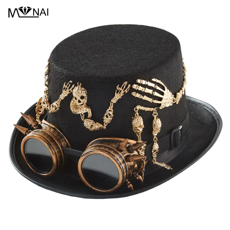 

Vintage Skeleton Hands Hat With Goggles Steam Punk Gothic Snake Top Hat Halloween Cosplay Fedora Lolita Headwear