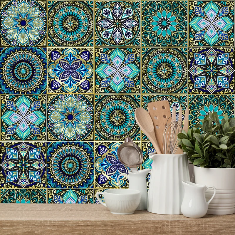 Adesivo de azulejo com padrão de mandala, adesivo de parede colorido fosco, decoração de casa para cozinha, sala de estar, banheiro, armário de mesa com 10 peças
