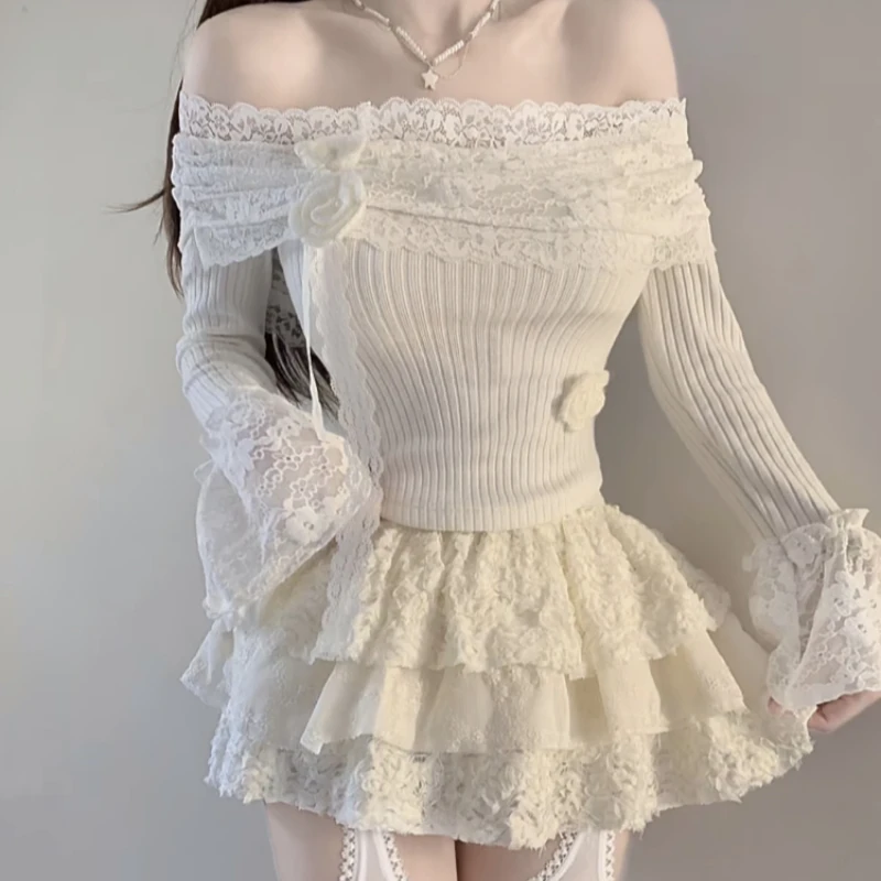 Sexy Sweet Lolita 2 Piece Sets Women Japanese Kawaii Off Shoulder Slash Neck Flower Tops Cake Mini Skirt Suit Gothic Y2k Outfits