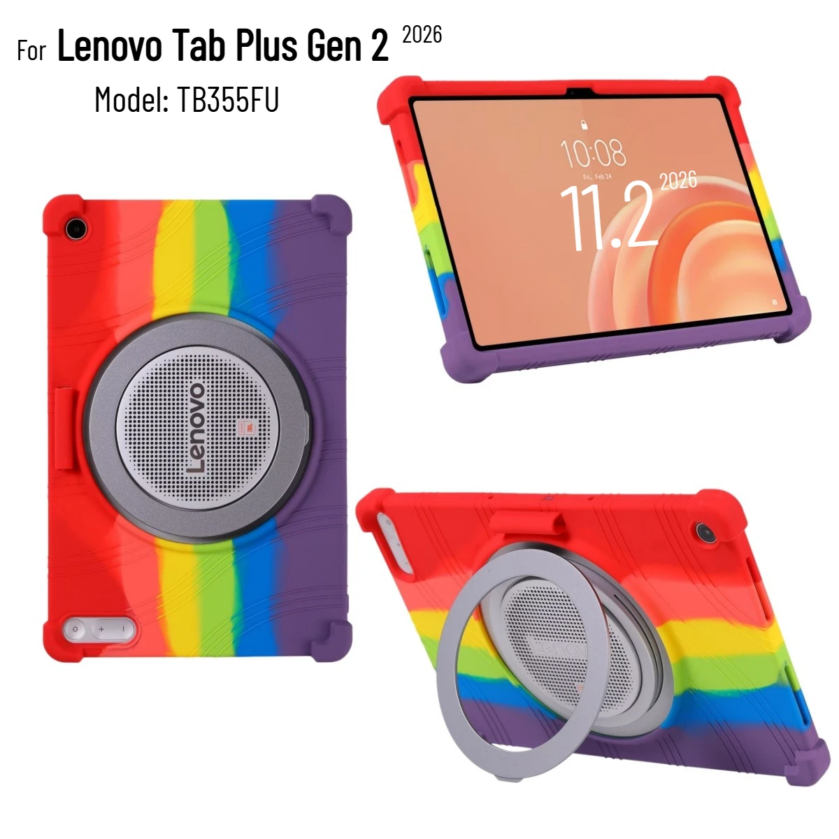 Silicone Tablet Case for Lenovo Tab Plus Gen 2 TB355FU 12.1 Inch 360° Rotating Ring Stand Shockproof Full Body Protective Cover