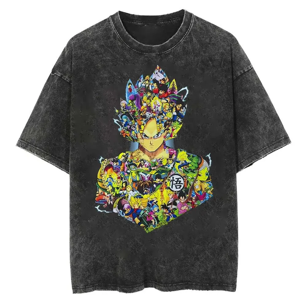 Goku T-Shirt Dragon Ball Anime Herren Vintage Acid Wash Übergroßes Baumwoll-Shirt Alle Charaktere Collage Mosaik Grafik Street Tees 2026