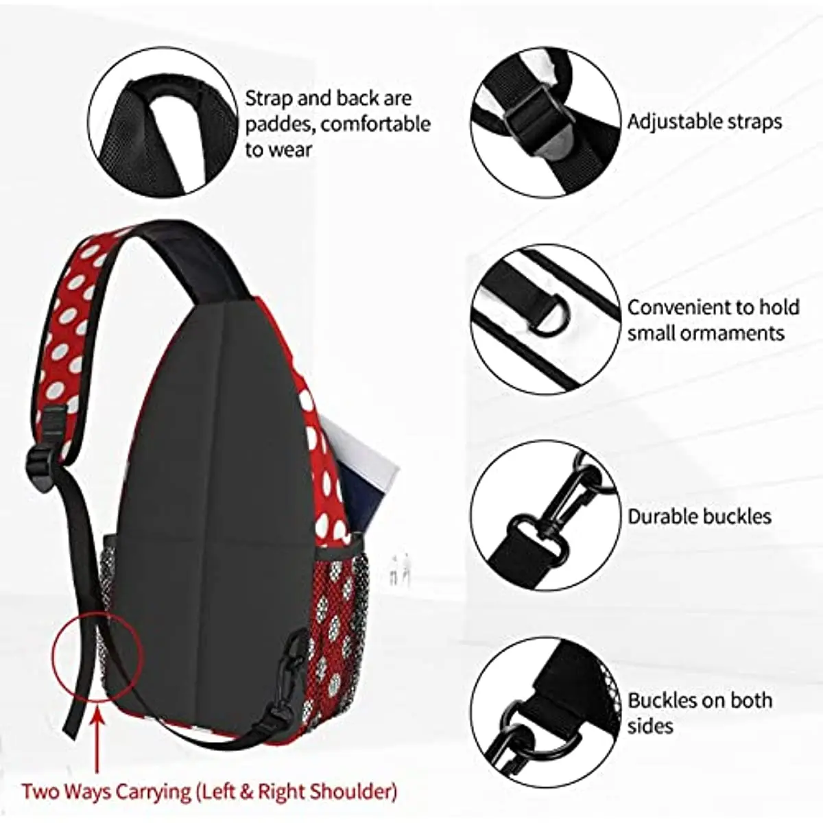 Mochila vermelha branca de bolinhas, bolsa de peito crossbody, bolsa de ombro, ginásio, ciclismo, viagens, caminhadas, mochila para homens, mulheres