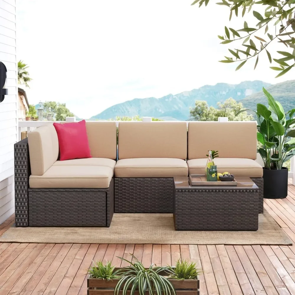 Patio Furniture Set Wicker Rattan Conversation Set Outdoor Sectional Sofa Removable Cushions and Tempered Glass Coffee Table