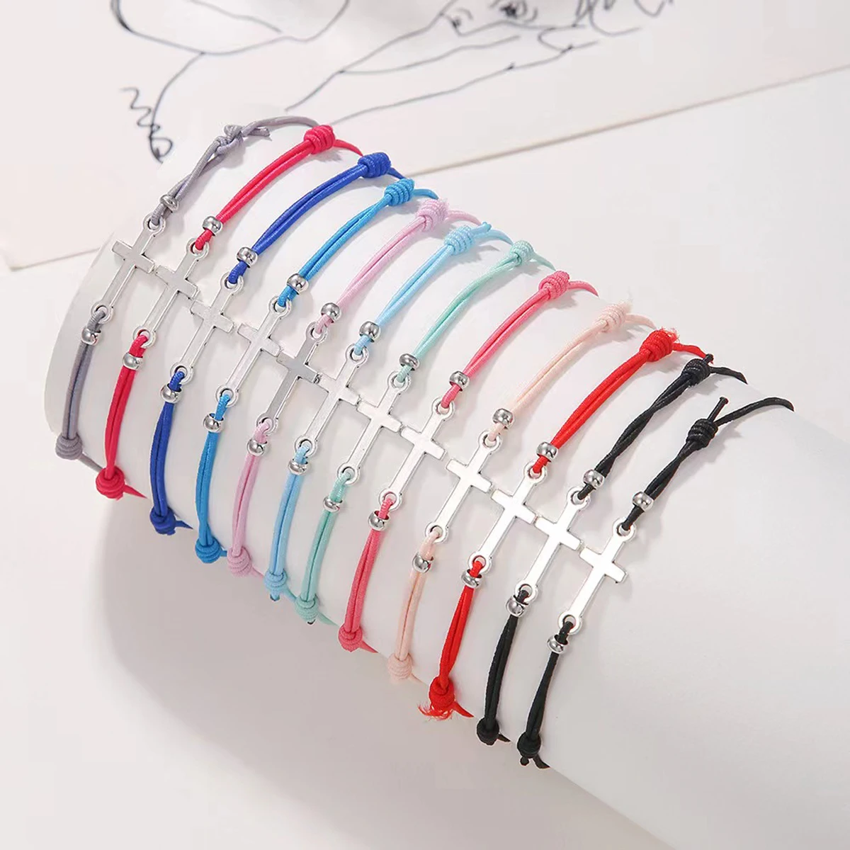 

12 PCS New Alloy Cross Elastic Bracelets For Women and Men's Fashionable And Simple Adjustable Rubber Rope Bracelet Set