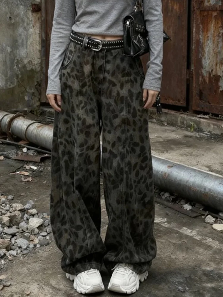 

Y2K Джинсы с изогнутыми ножками, женские свободные утягивающие брюки в американском стиле ретро с леопардовым принтом и высокой талией