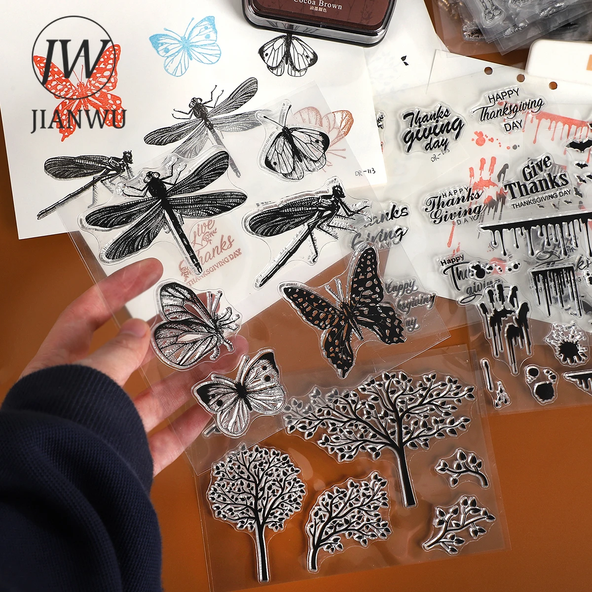 JIANWU Vintage Butterfly Tree Landscaping Material Collage Transparent Silicone Stamp Creative DIY Journal Stationery