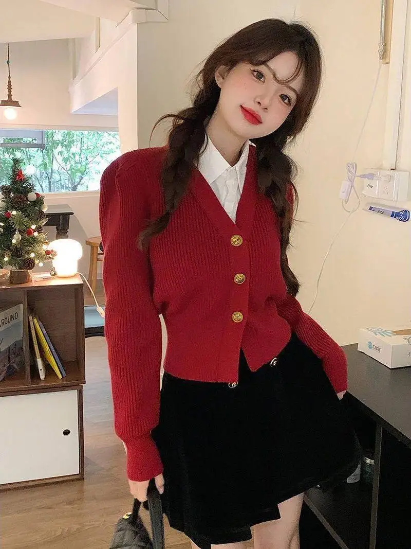 レッド V ネック オープン カーディガン ニット セーター レディース 春 秋 冬 Sle JK orm トップ ウエストシェイプ スリミング カレッジ Sle