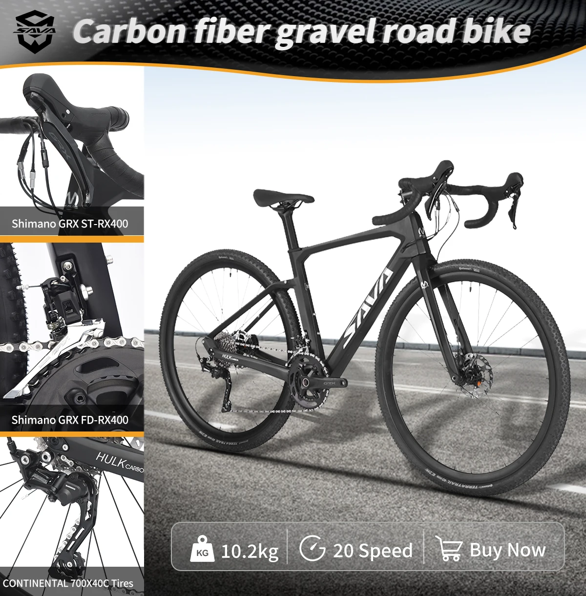 SAVA Carbon Fiber Gravel Road Bike with SHIMAN0 GRX-400 20 Speed Kit Off-Road Class Road Bike Racing Bike Great Grip