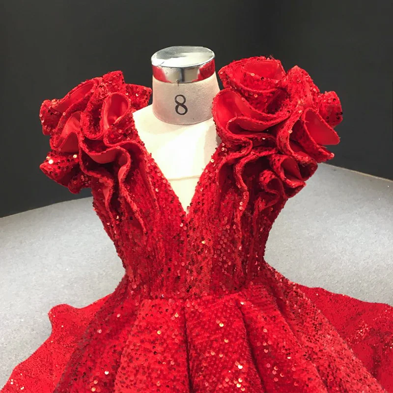 Vestidos de flores rojas para niña, vestido de baile con cuello en V, Mangas de casquillo, lentejuelas brillantes, vestidos largos de desfile para niñas pequeñas