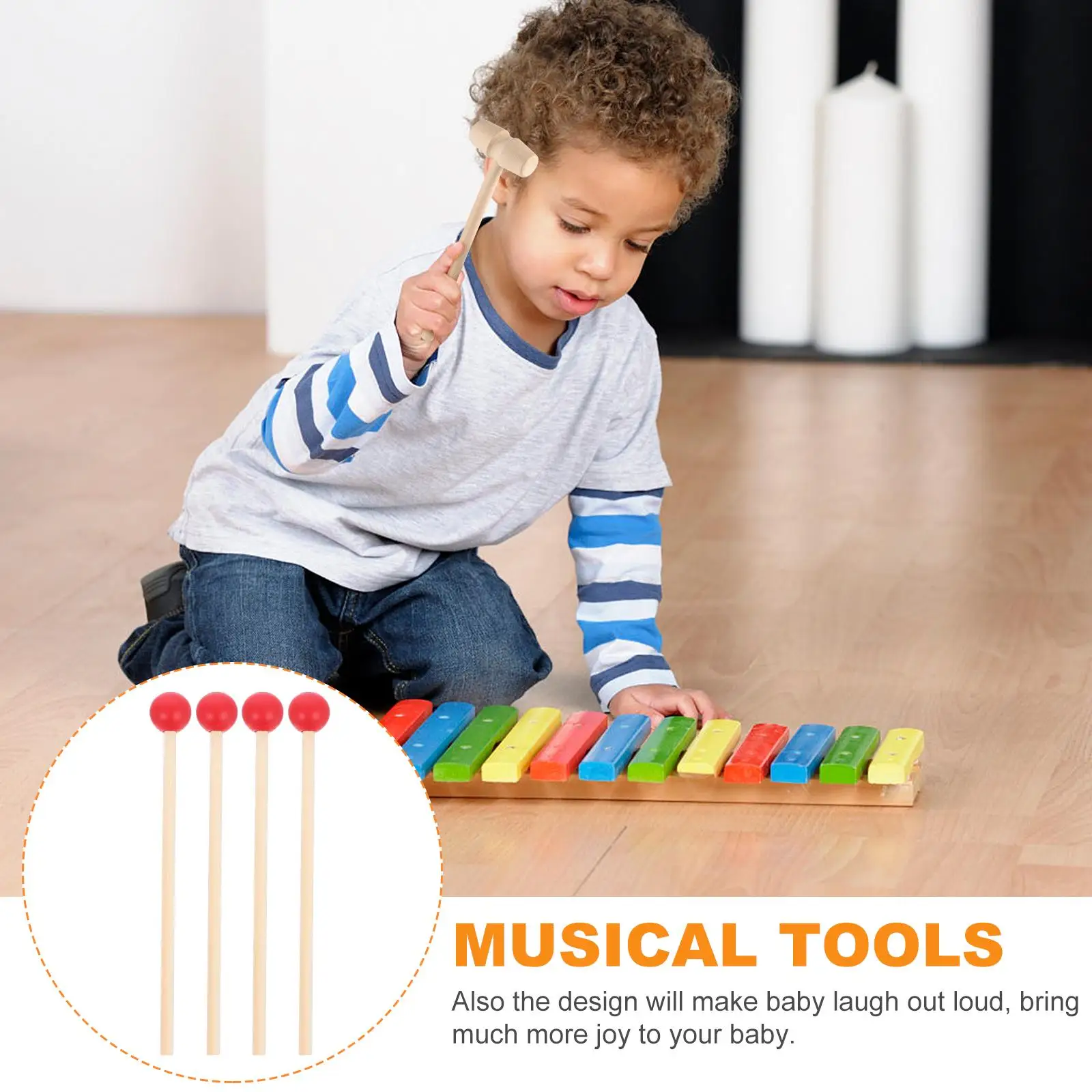 12pcs Wooden Drumstick Mallet Percussion Accessory with Wood Handle Bass Drum Sticks Instrument Supply for Kids Children Toddler