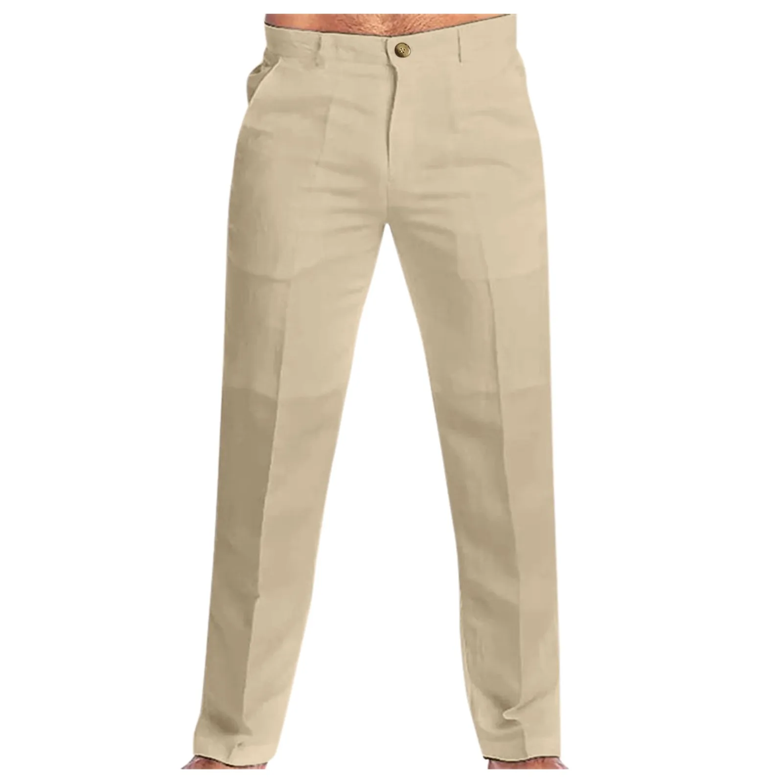 Men Cotton Linen Pants Casual Long Pants Stylish Men's Mid-rise Solid Color Slim Fit Trousers Zipper Fly Button Men Trousers