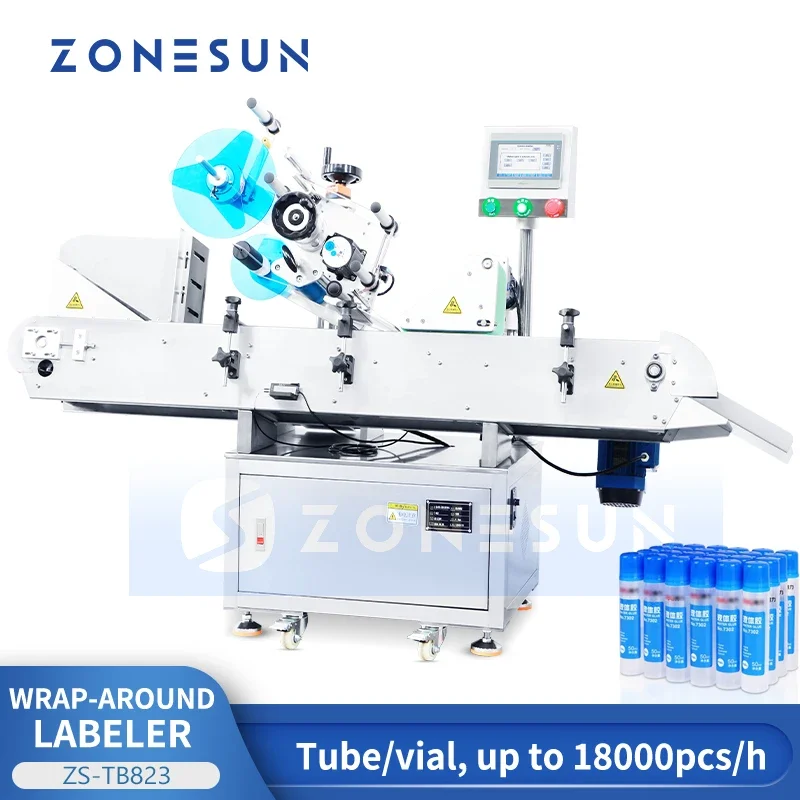 ZONESUN Horizontal Membungkus Sekitar Labeler Tabung Botol Makeup Bibir Bahan Kimia Harian Aplikasi Sabuk Roller Konveyor ZS-TB823