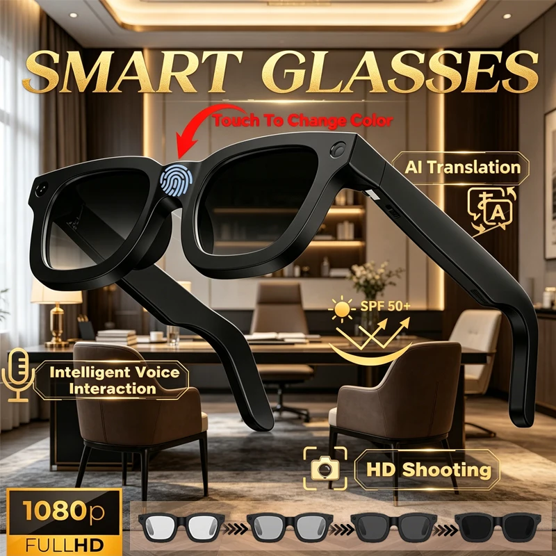 

Новые умные очки E02C с электрохромными линзами, HD-камерой 800W, AI-интерактивным голосовым помощником и функцией синхронного перевода