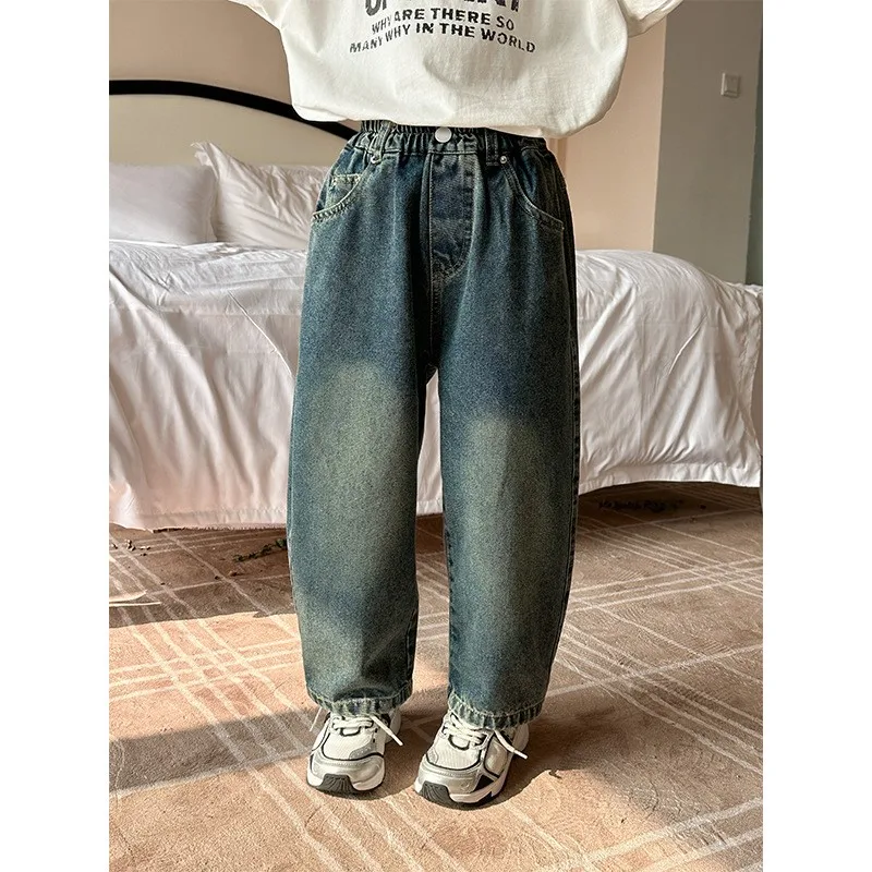 

Korean Autumn Children Girls Jeans Concealed Buckle Cuffs Toddler Girl Trousers Solid Loose Elastic Waist Baby Girls Denim Pants