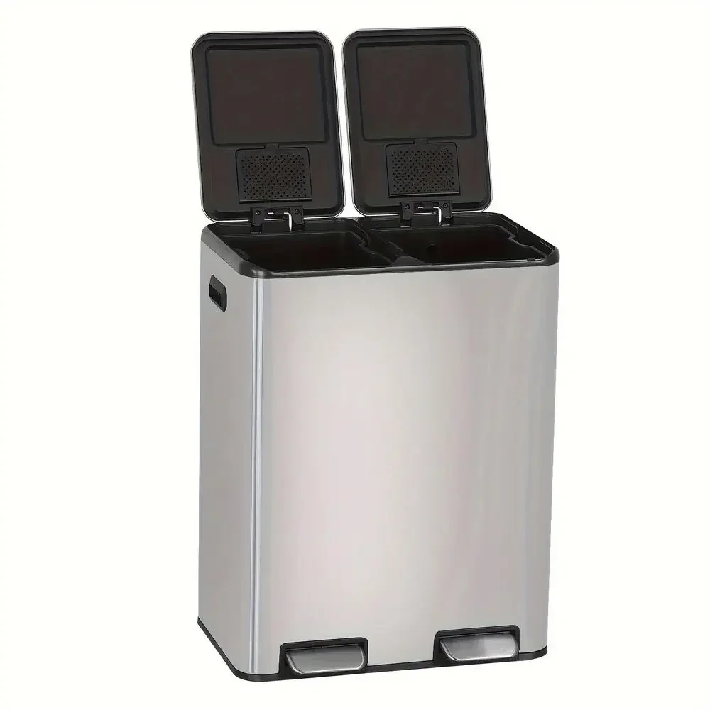 

16 Gallon Dual Compartment Trash Can with Pedal, Stay-Open Lid, and Soft Close, Stainless Steel Recycling Bin, Silver
