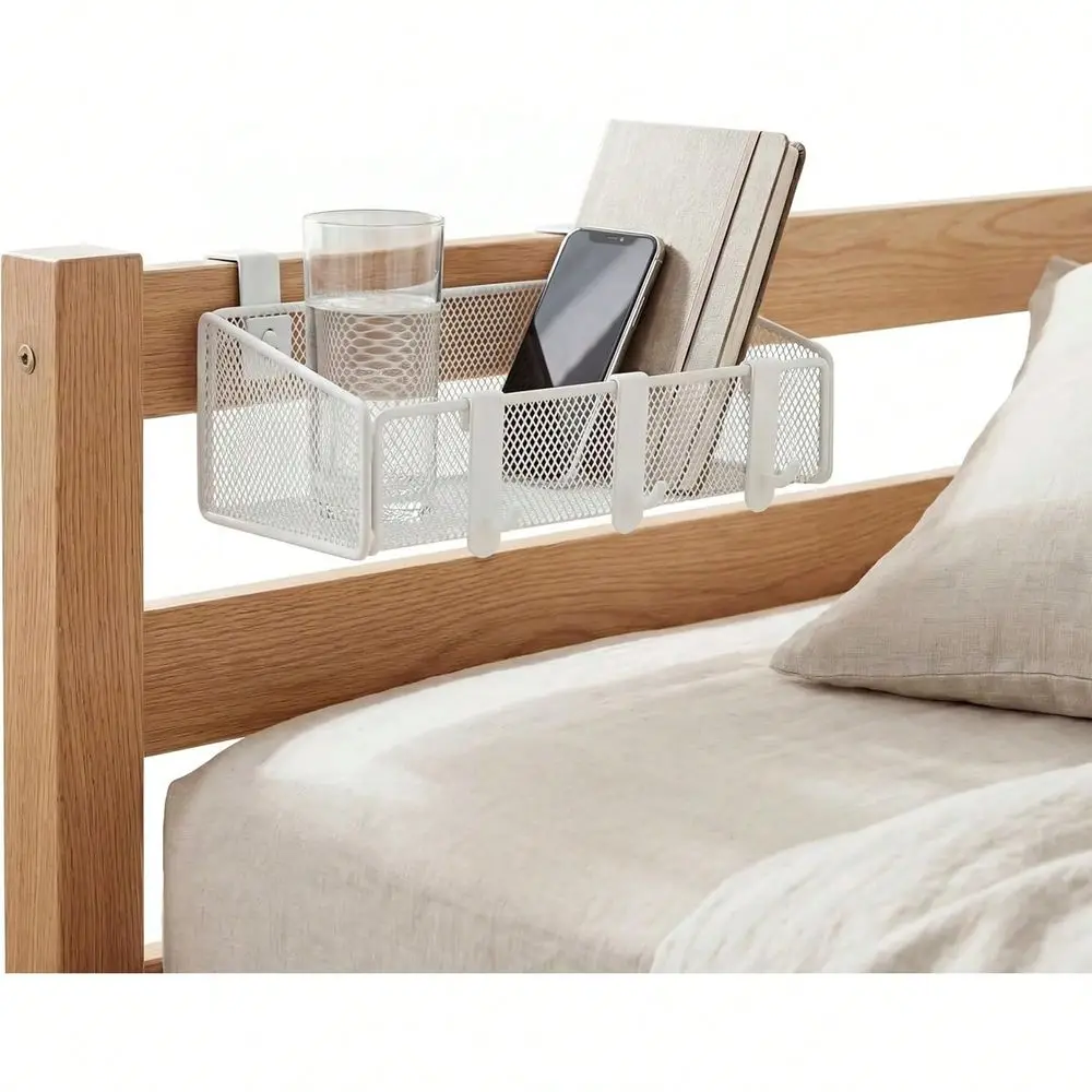 Bedside Shelf Bed & Bunk Bed Storage Basket Office Cubical Wall Hanging Organizer - 5 Different Size Hooks - College Dorm Home Office Essentials Phone,Book,Drink,Tissue