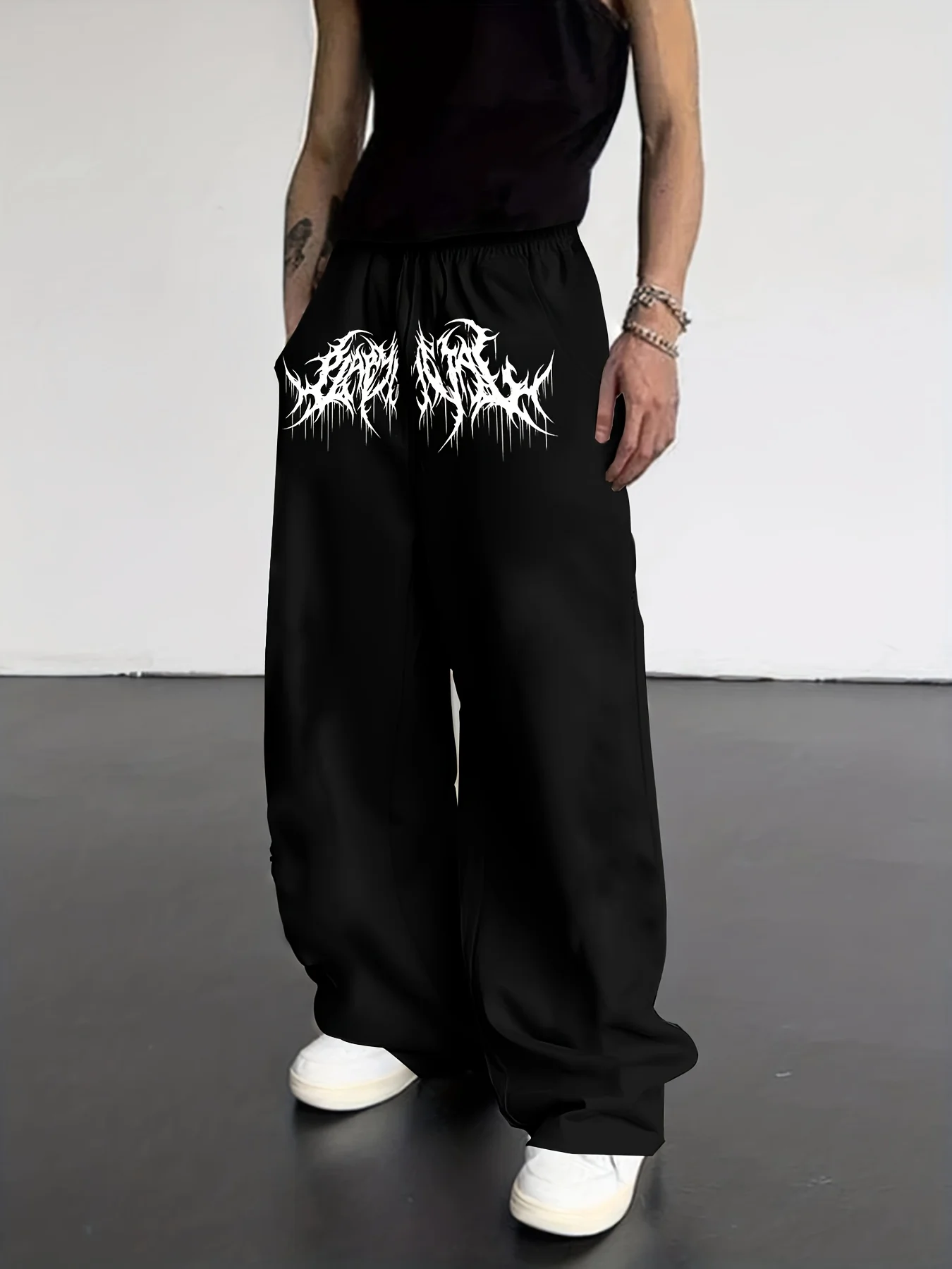 Gothic Dark Heavy Metal Graphic Print Men Straight Leg Sports Pants Elastic Drawstring Waist Loose Cozy Trousers S-3XL