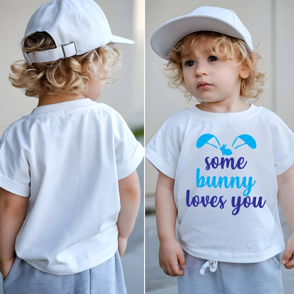 

Футболка из чистого хлопка с принтом веселого кролика на тему Пасхи, удобная детская футболка для девочек, уличная футболка с круглым вырезом и короткими рукавами