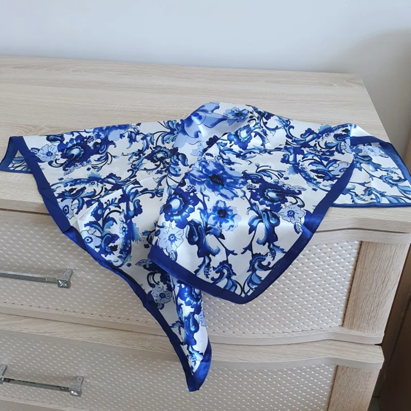 Blue and White Scarf Women Bandana Hijab Neck Scarves Satin Silk Print Bag 60x60cm Handkerchief Chic Shawl Headscarf Hair 2023