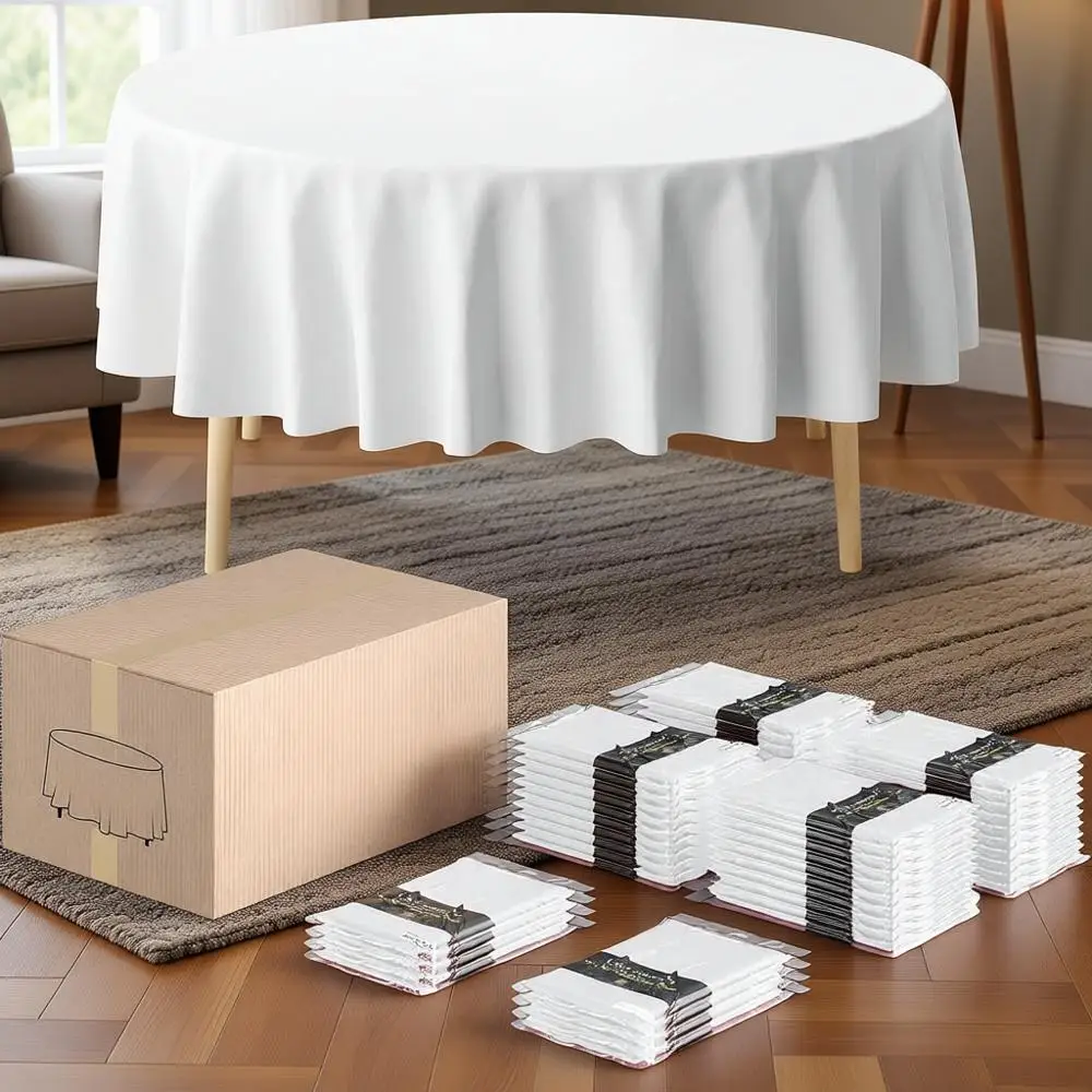 

Plastic Disposable White Tablecloths, 84 Round, 48-Pack for Indoor/Outdoor Parties