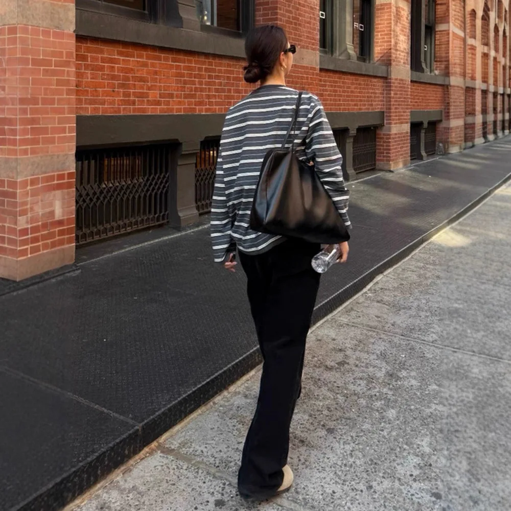 

Loose Long Sve Women's T-irt round Ne Striped Korean Sle Cotton Casual Top for Autumn Season