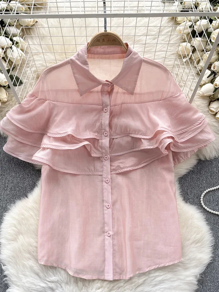 2024 Summer New Women's Fashion Ruffle Edge Short Sleeve Shirt With Versatile Texture And Sweet Solid Color Top A10