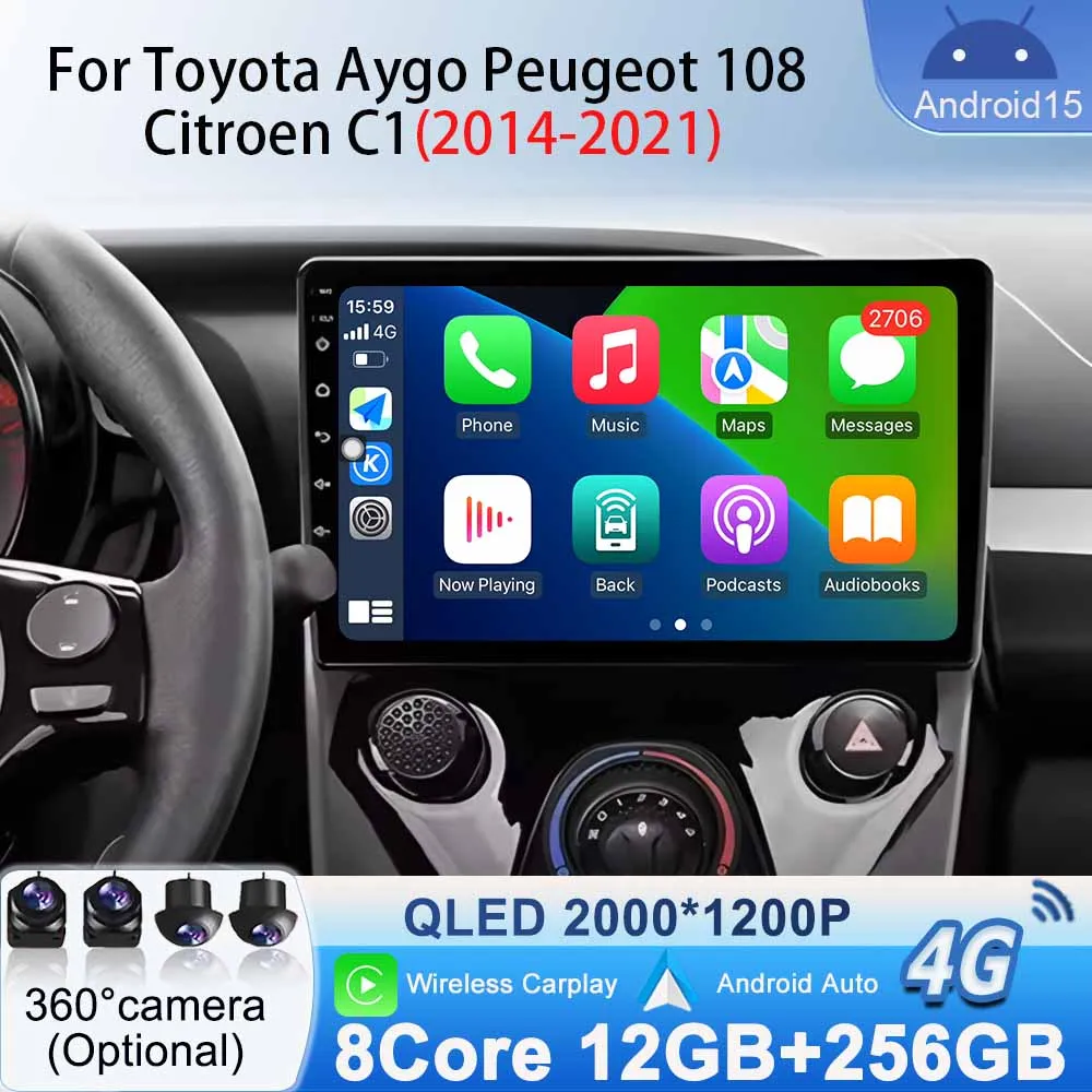 

Video Multimedia for Toyota Aygo Peugeot 108 Citroen C1 2014 - 2021 Car Radio Android 15 Player Stereo GPS Navigation Bluetooth