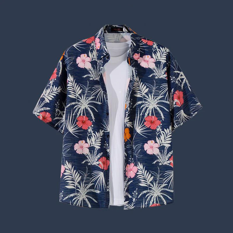 

Men's Beach Casual Shirt Short-sleeved Plant Print INS Hong Kong Style Handsome Hawaiian Literary Trend Beach Shirt Jacket