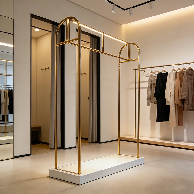 

Customized logo Luxury Store Metal Clothes Hanger Labels Clothing Display Stand Stainless Steel Gold High-end Clothing Rack