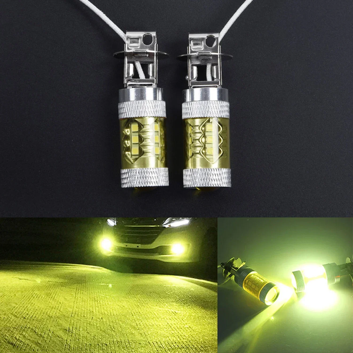 2PCS Car LED Fog Lights H3 16SMD Bulb 12-24V DC 80W Super Bright Yellow- LED- Light Universal- Auto Accessories For- Car Truck