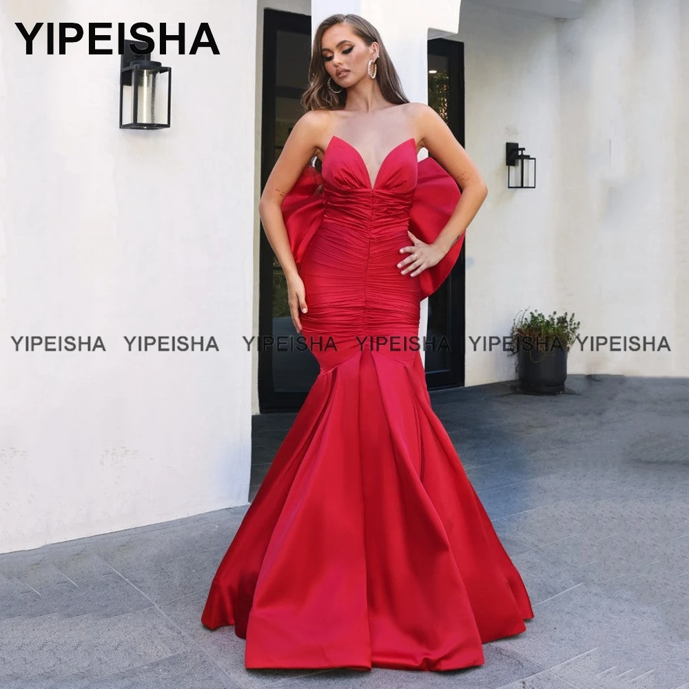 

Yipeisha Sweetheart Mermaid Prom Dress with Big Bow Long Evening Gown Red Satin Formal Party Dance Wear 2022 Vestido de Festa