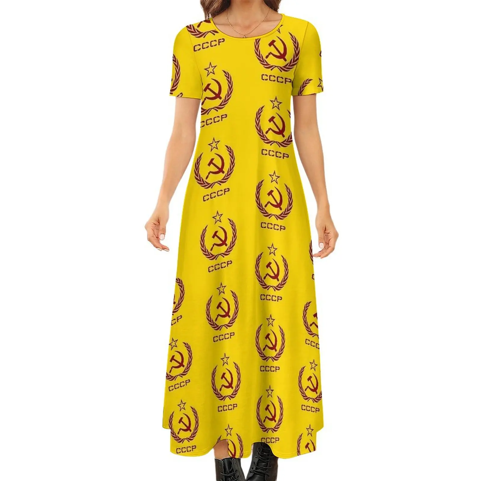 الاتحاد السوفياتي الروسي الاتحاد السوفياتي المطرقة والمنجل CCCP فستان الشيوعي خمر فستان ماكسي السيدات قصيرة الأكمام بوهو شاطئ فساتين طويلة