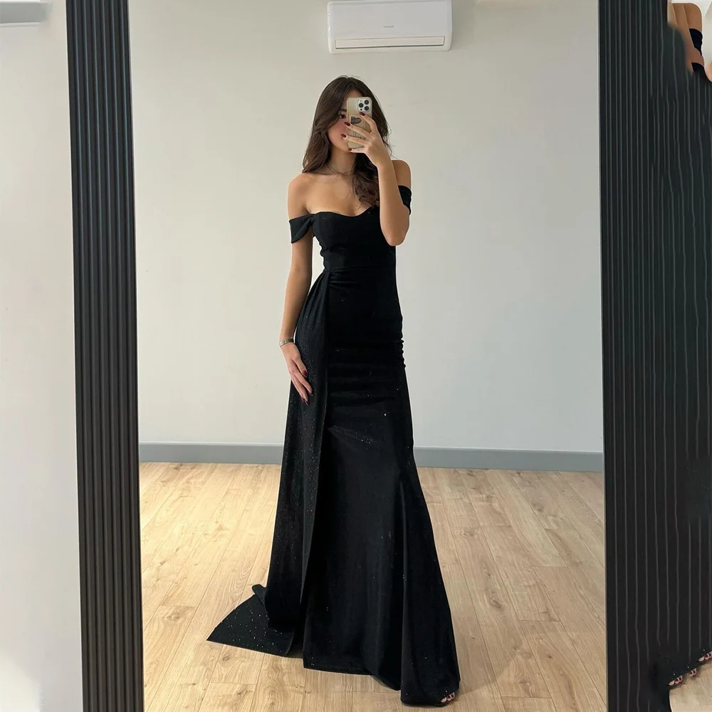 Verngo Black Light Shiny Prom Gown Simple Off The Shoulder Evening Dress For Women Mermaid Party Dress Floor Length Formal Dress