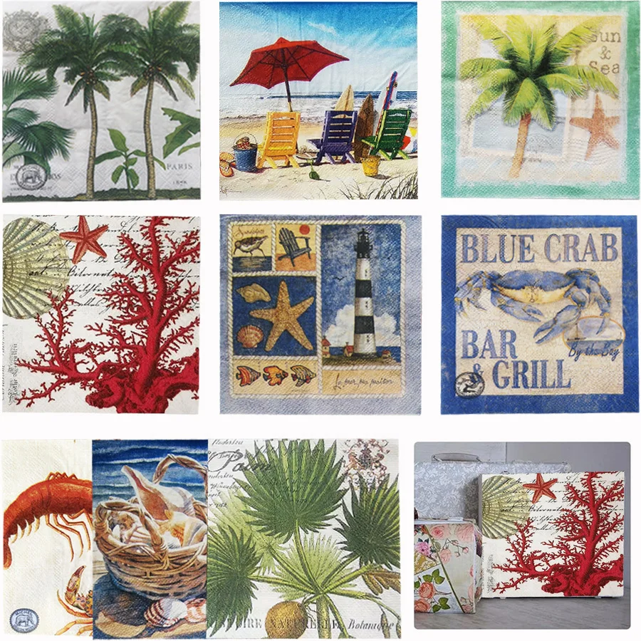 36Pcs Nautical Beach Paper Napkins Palm Tree Seashell Crab Print Disposable Tissue Summer Ocean Coastal Party Table Decor Suppli