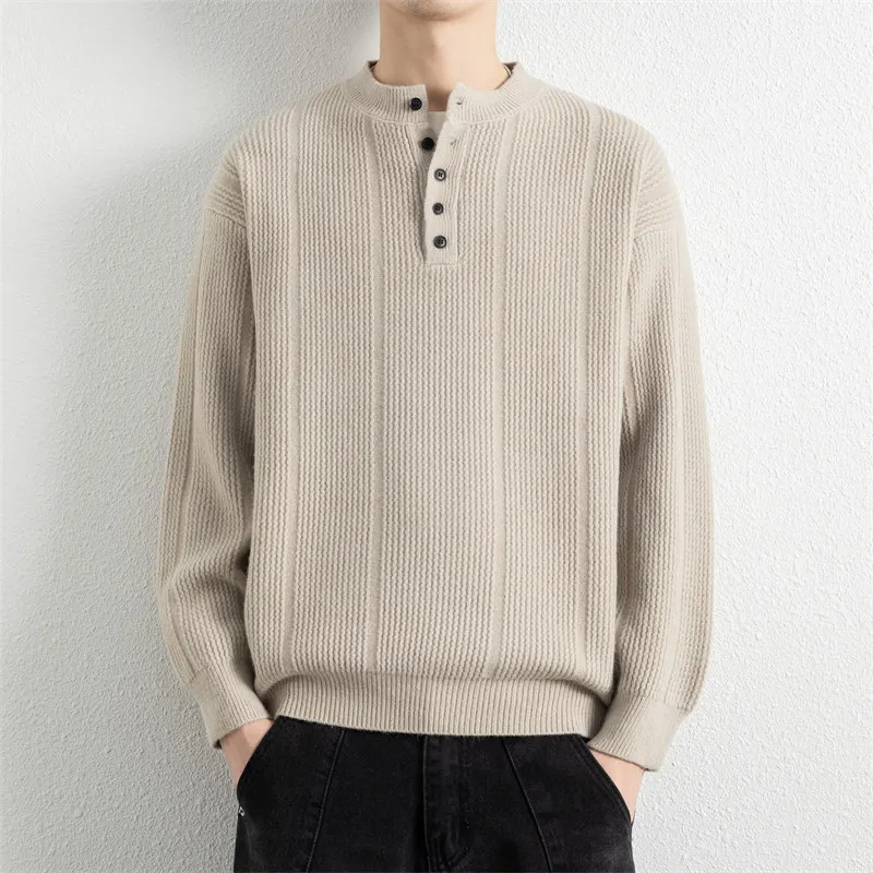 

Men's Thiened Knitted Base irt Henry Collar Autumn Winter Faionable Ci Casual Long Sve Youth Sweatirt Warm Elastic