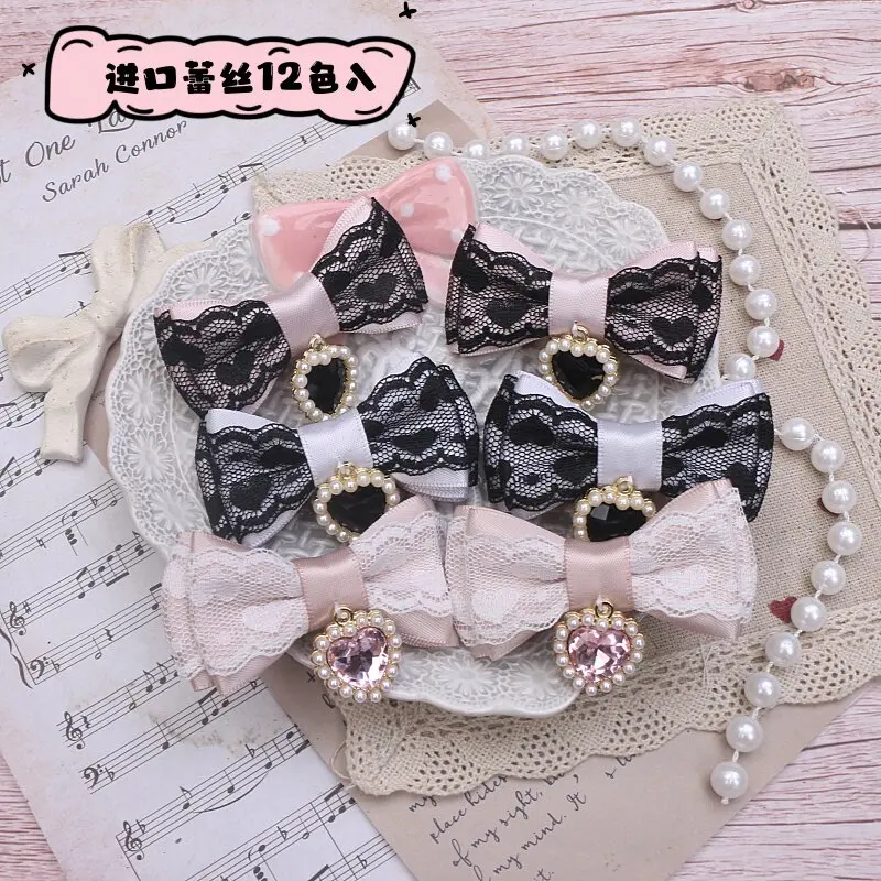 

Заколка для волос Y2K с милым бантом, ручной работы, кружевной бант, аксессуар для волос, боковая заколка с подвеской в виде сердца и жемчуга для женщин