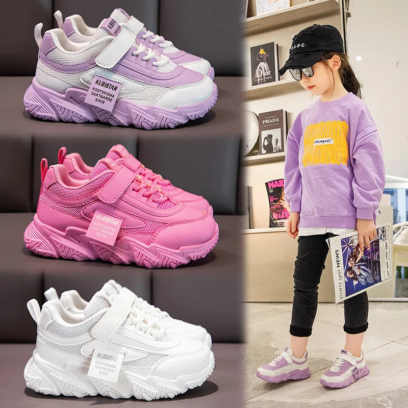 Voorjaar Nieuwe Kinderen Sneakers 2023 Pu Meisjes Casual Mesh Solid Roze Licht Jongens Wit Haak Lus Kinderen Antislip sport Schoen Mode