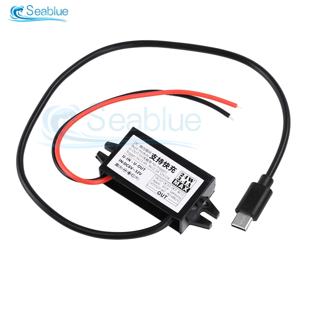 Conversor de energia para carro, dc 6-30v para 5v 9v 12v 24w, à prova d'água USB-A fêmea/tipo c usb, adaptador de saída de fonte de alimentação de tensão step down