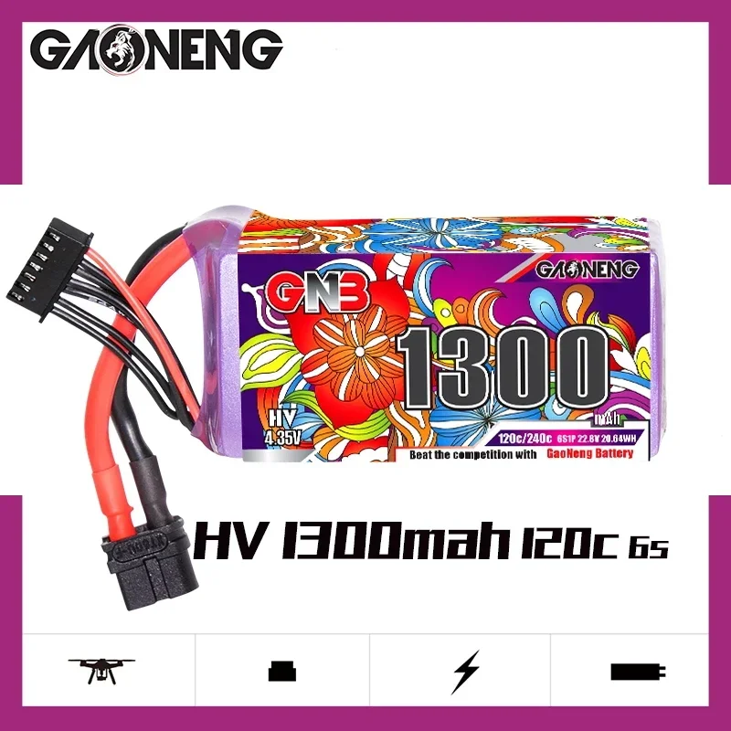 

GAONENG GNB 1300mAh 6S 22.8V 120C Light Weight High Power Long Fly Time LiHV Lipo Battery With XT60 Plug For FPV Racing Drone