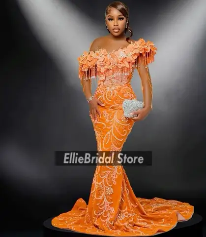 Eleganta Orange Balklänningar Lyxiga Svarta Flickor 2025 Sjöjungfru Festklänning Långärmad Tofs Afrikanska Aftonklänningar Anpassade 10 best sales orange balklänningar - №3