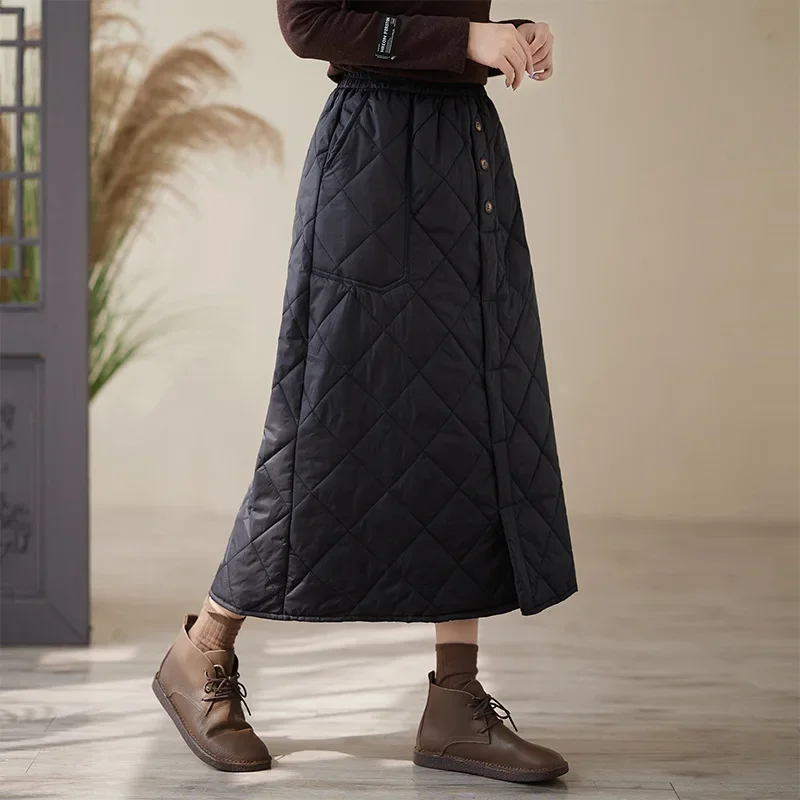 Autumn and Winter New Thickened Retro Rhombus Padded Cotton Thickened Skirt Literary and Versatile Warm Skirt