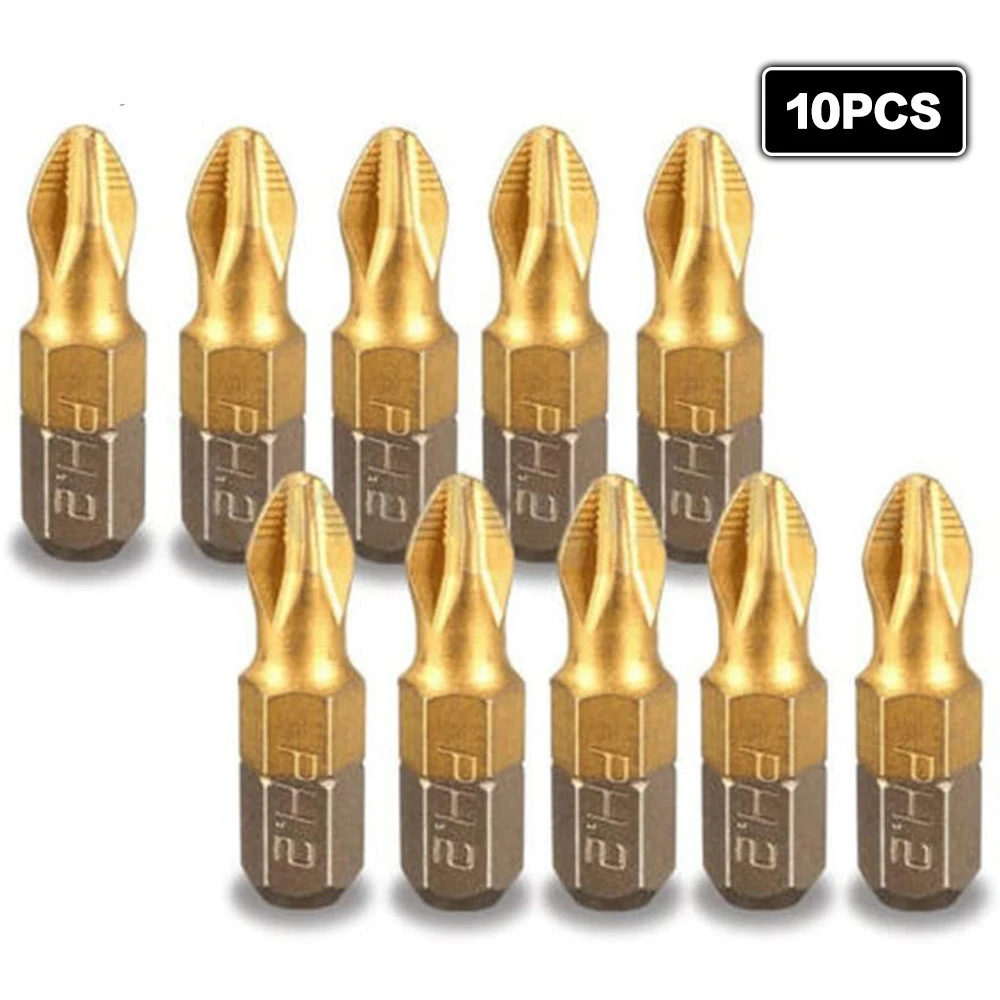 10pcs 25mm Philips Screwdriver Bits S2 Alloy Titanium Coated 1/4 Hex Shank PH2 Anti-slip Magnetic Cross Screwdriver Bits Set