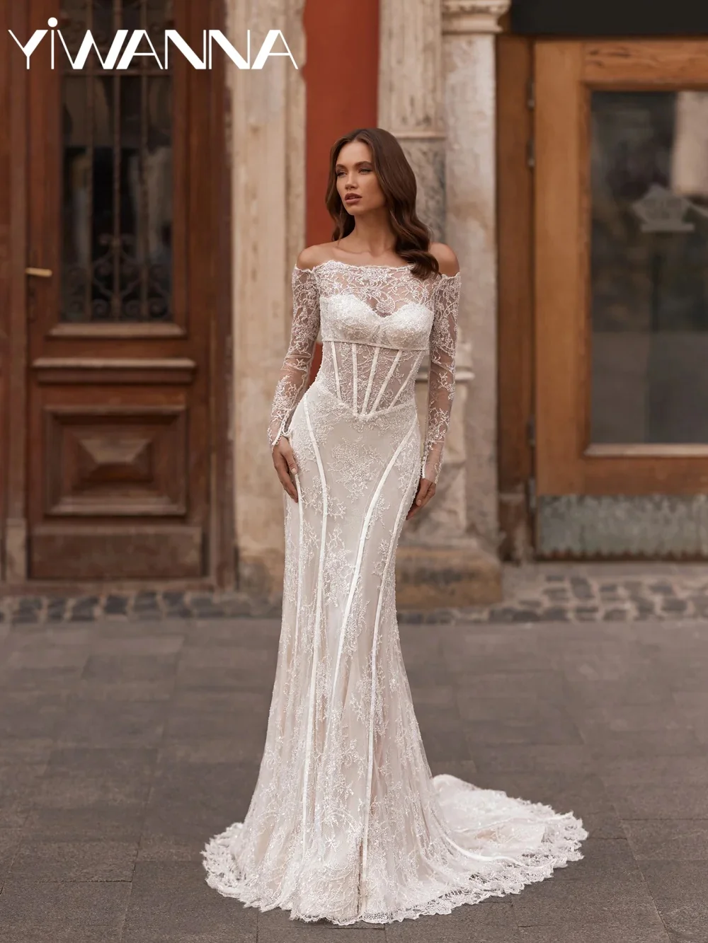 

Свадебное платье-русалка с отстегивающимися рукавами, расшитое бисером, длиной в пол, с кружевом, индивидуального пошива, с вырезом «сердечко» для невесты