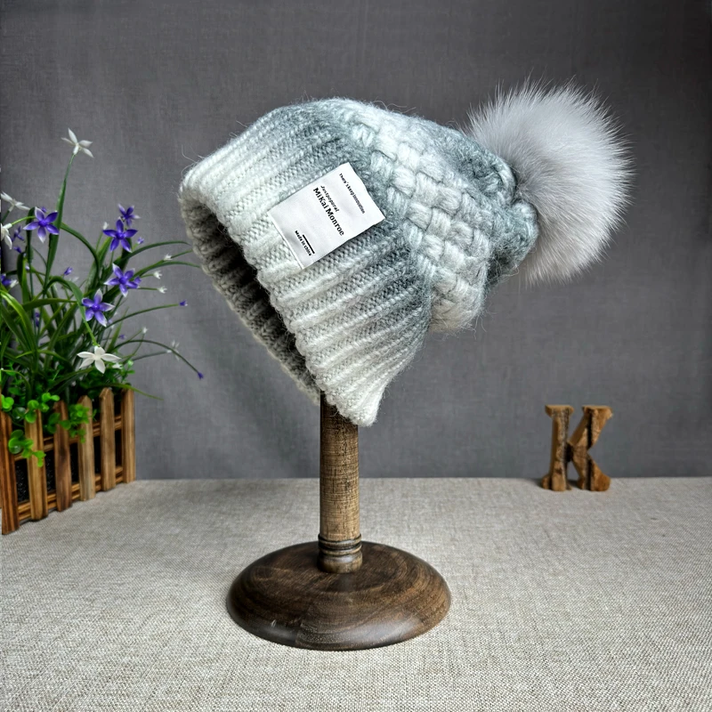 2024 High quality New winter Hat Women's rabbit fur Knitted Hat Fox fur pompom Hat Curled Edge mix Colore Hat for girls womens