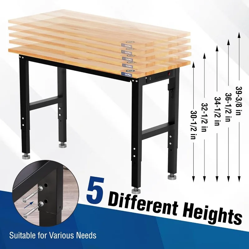 WORKPRO Adjustable Garage Workbench, 48"x22" Rubber Wood Top Heavy-Duty Work Desk with Power Outlets, Leveling Foot, 5 Heights