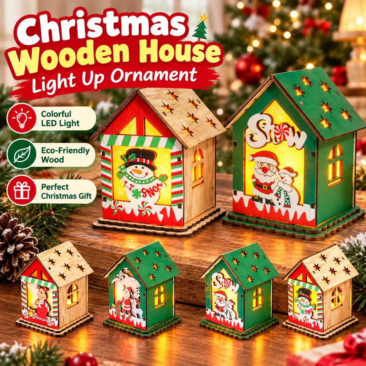 Handmade Christmas Wooden House DIY Decoration for Kids Glowing Colorful Light Up Christmas Tree Ornament