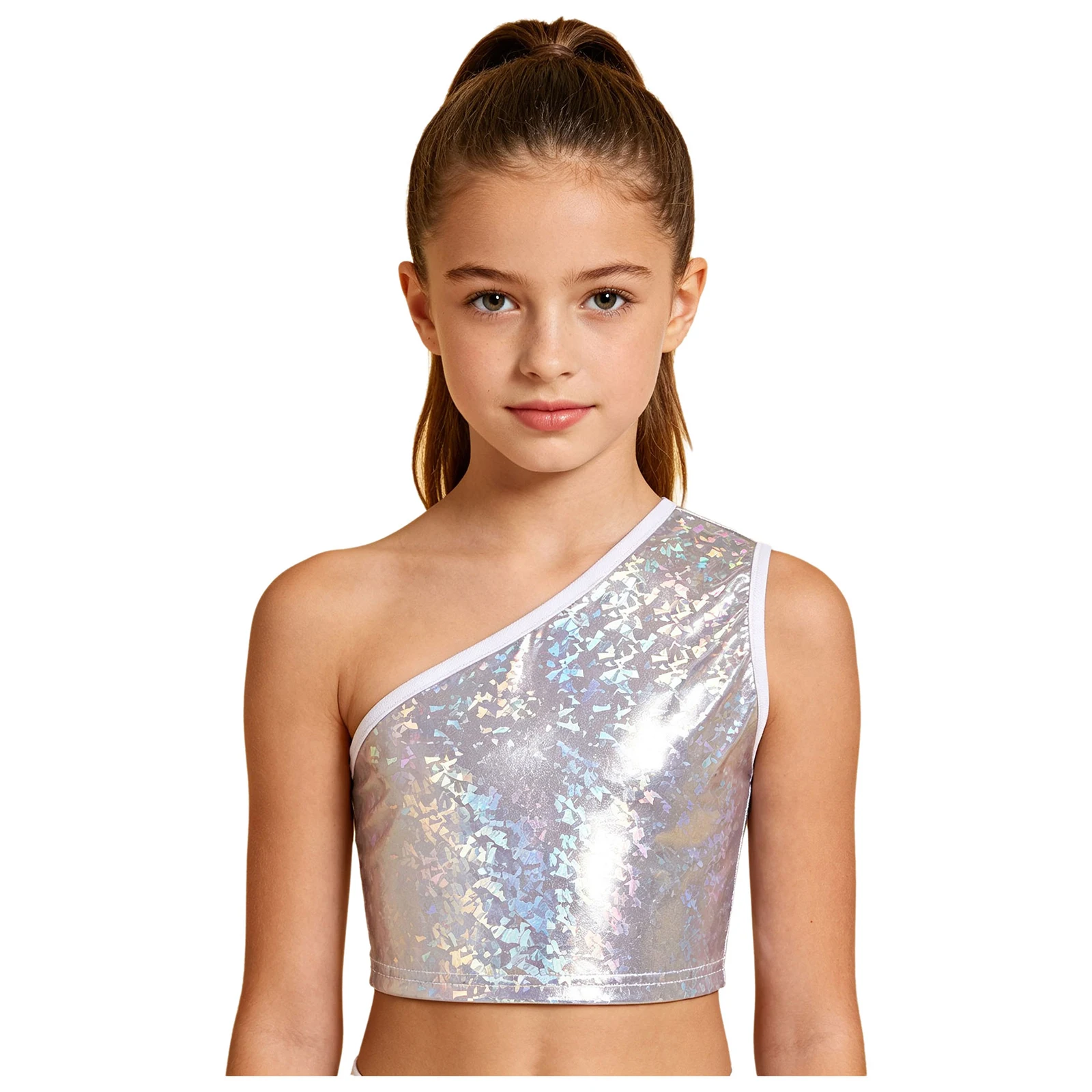 Kinder Jungen Ärmelloses Glänzendes Crop-Top Mädchen Hip-Hop Jazz-Tanz-Oberteil Einschultriges Metallic-Crop-Top Jazz-Tanz-Auftrittskostüm – Detail 34