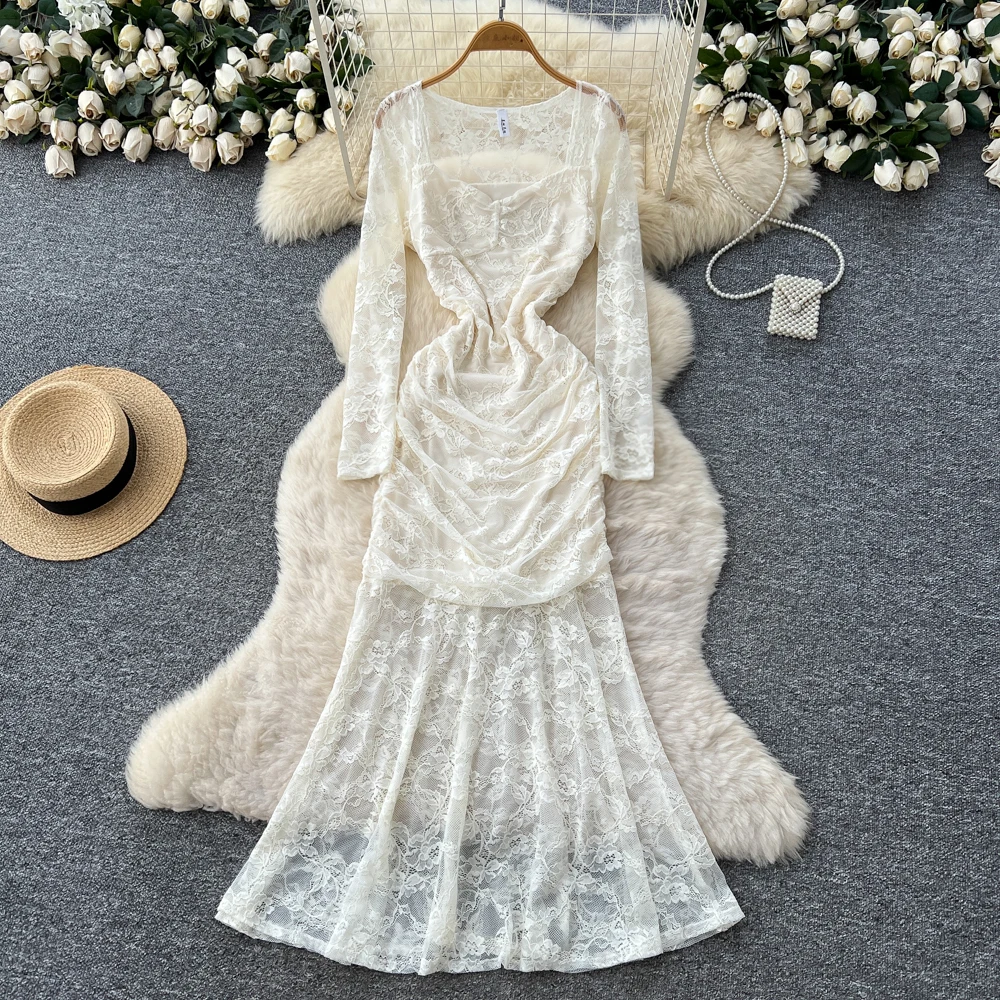 Chic vintage Sexy collo quadrato Elegante fata moda coreana Boho abito a sirena abito da donna